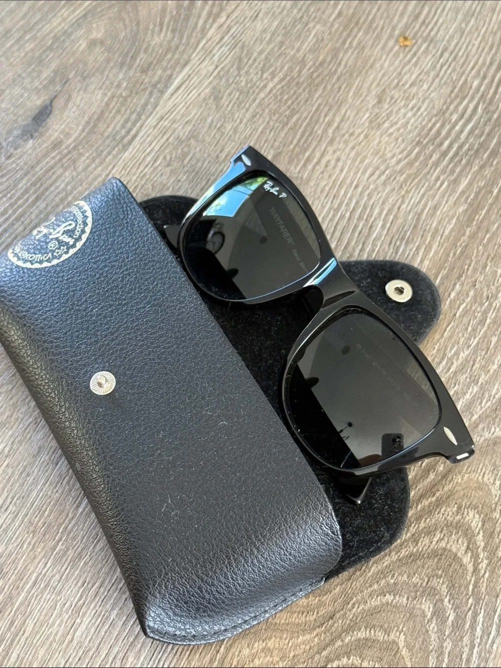 Ray-Ban Black Polarized Wayfarer Sunglasses with Black Leather Case